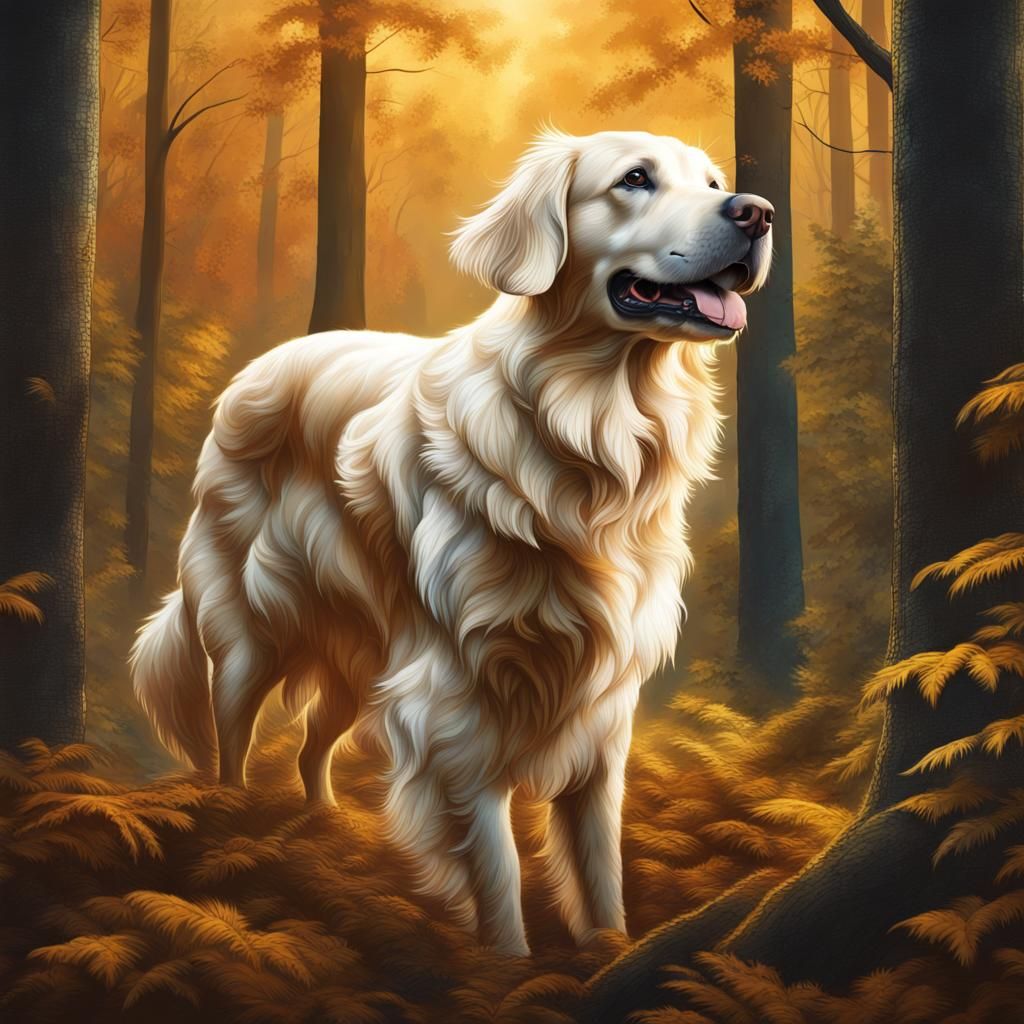 Majestic Golden-White Retriever in Forest, Hyperrealistic Ar...