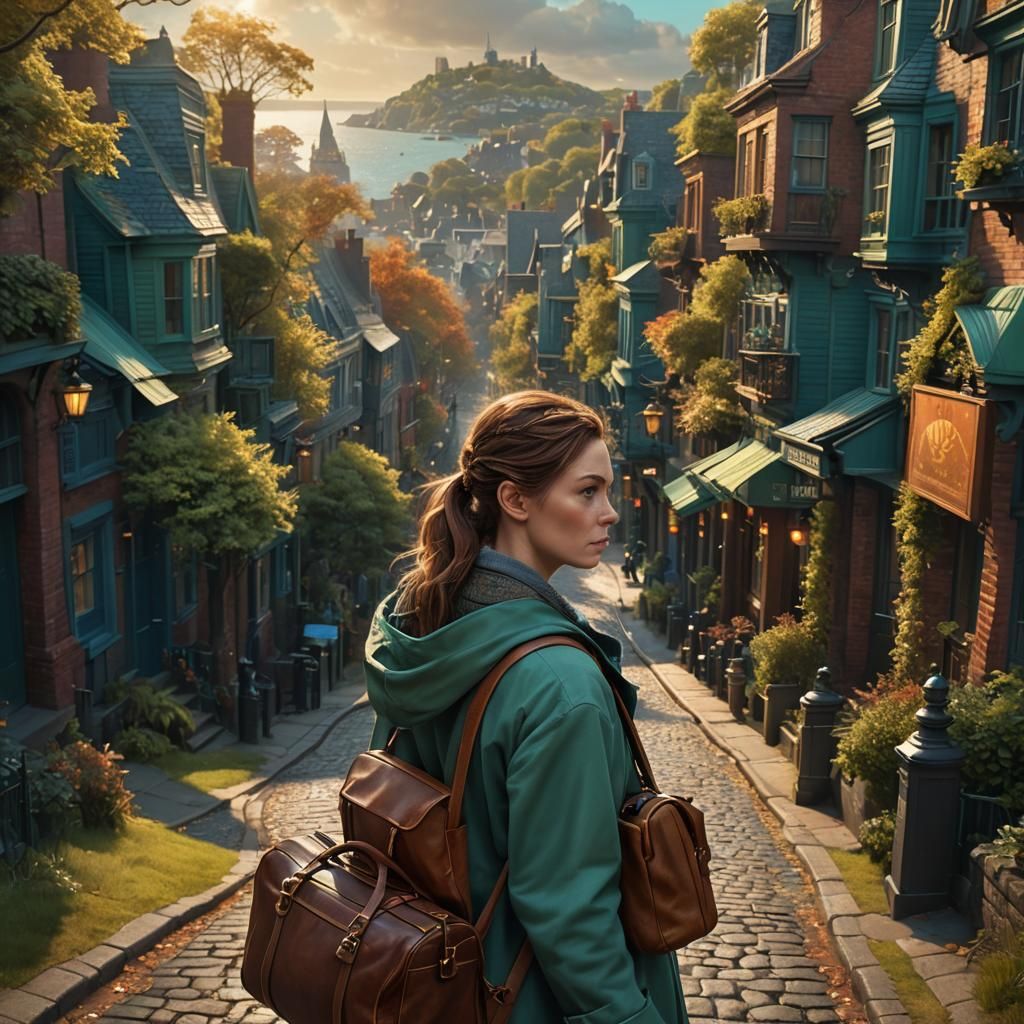Woman Walking on Beacon Hill: Fantasy Concept Art