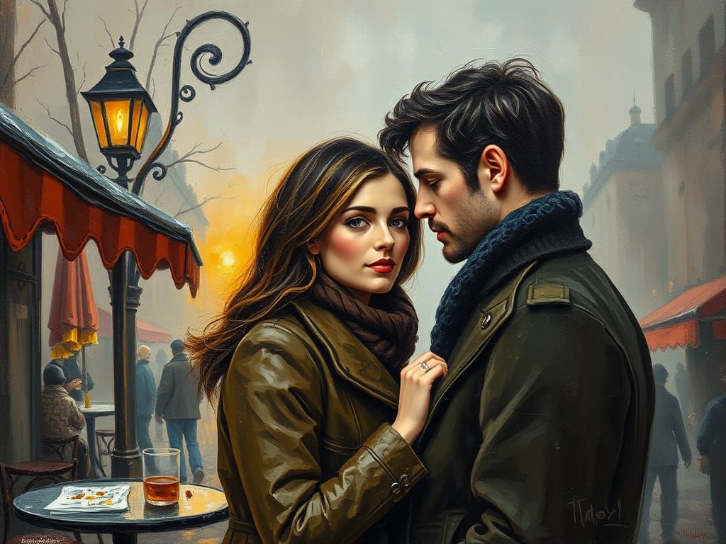 A Tonalist Oil Portrait of Intimate Love in a Parisian Cafe