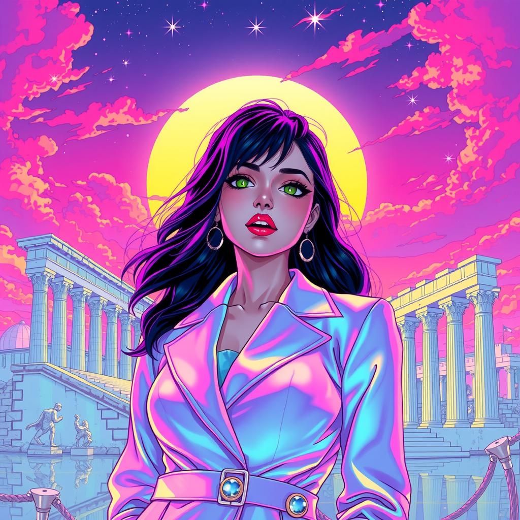 Retro-Futuristic Vaporwave Landscape with Holographic Woman