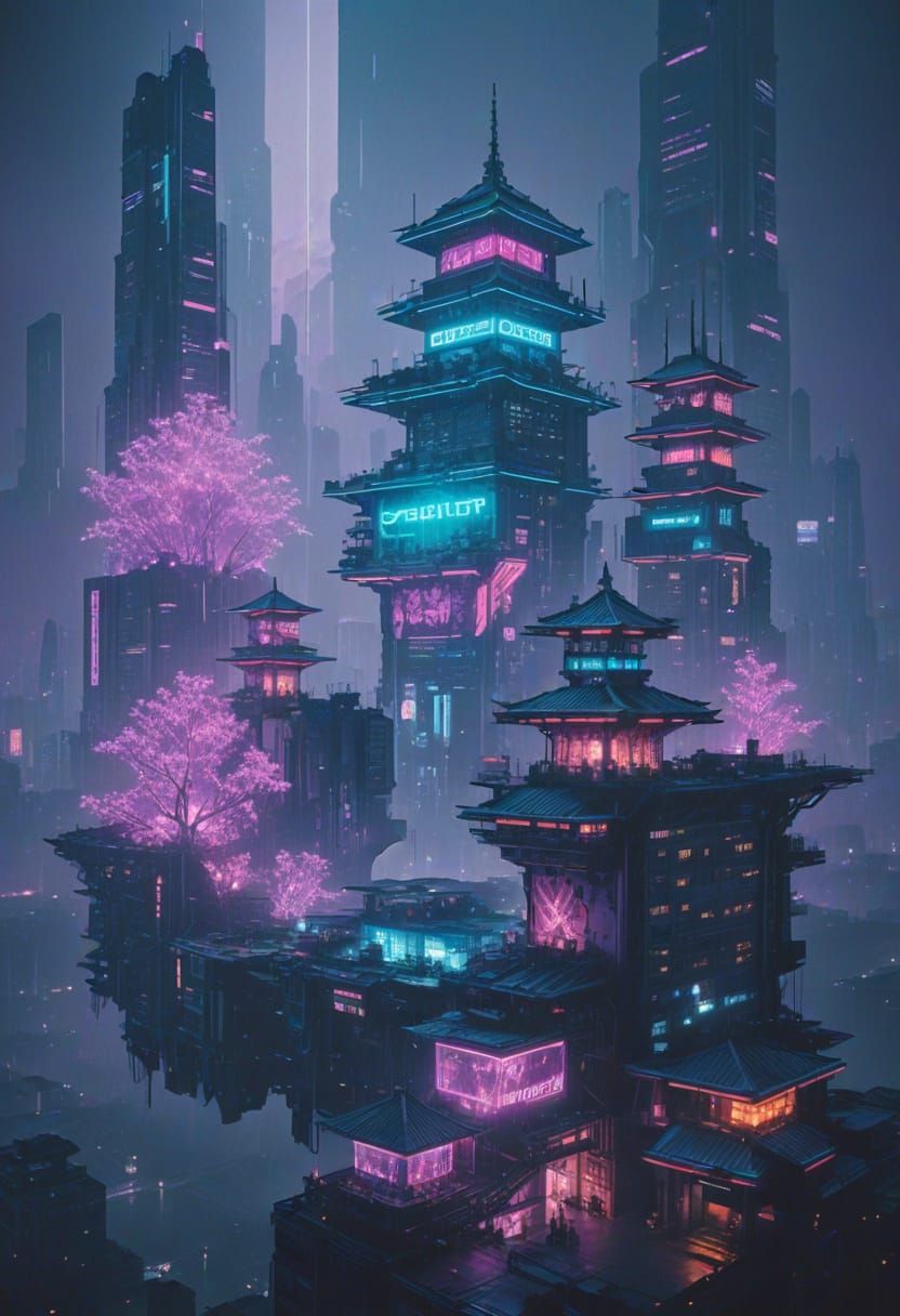 Cyberpunk Cityscape with Floating Neon Metropolis
