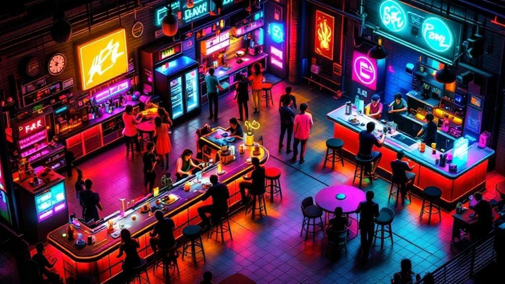 Isometric view of a Cyberpunk bar