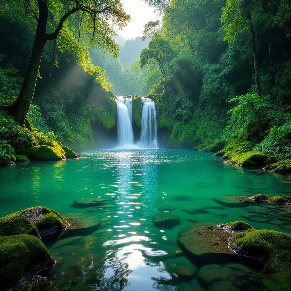 Majestic Waterfall in Emerald Forest at Golden Hour