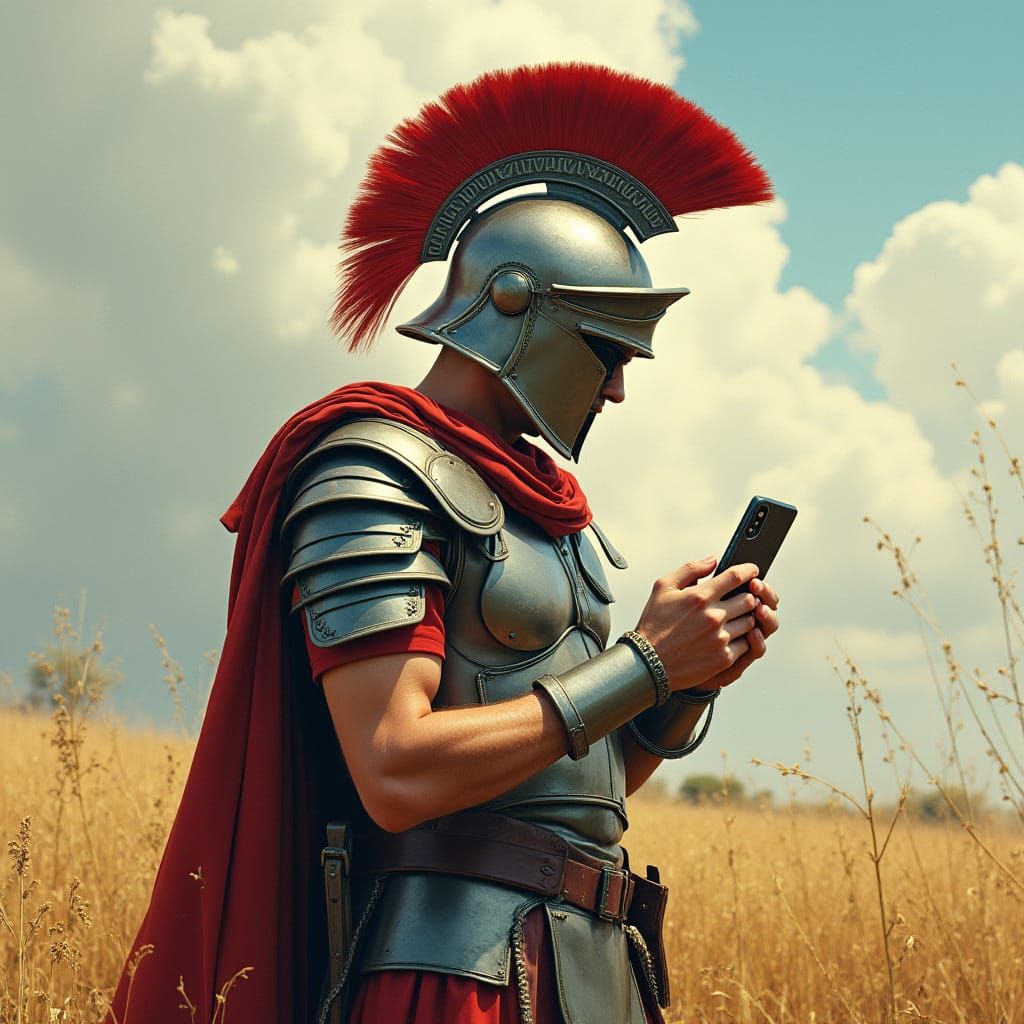 Roman Legionary Using Cellphone in Syd Mead Style