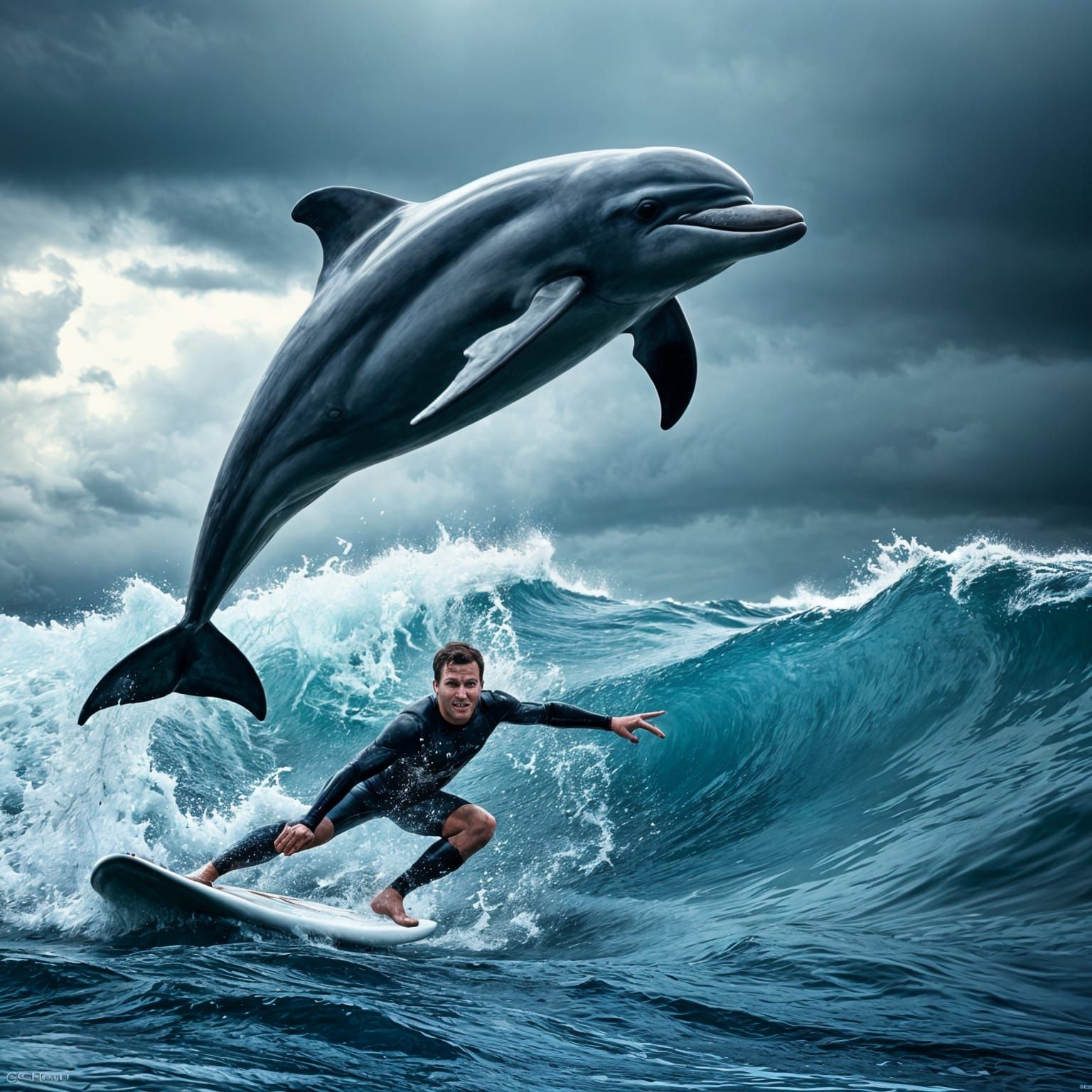 Dolphin Leaps Over Surfer in Stormy Seas