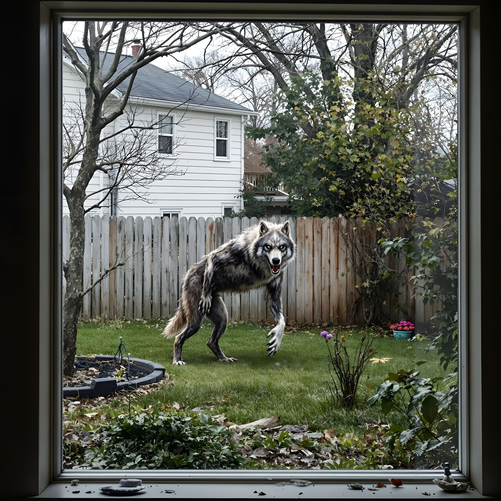 Photorealistic picture of a humanoid werewolf in the backyar...