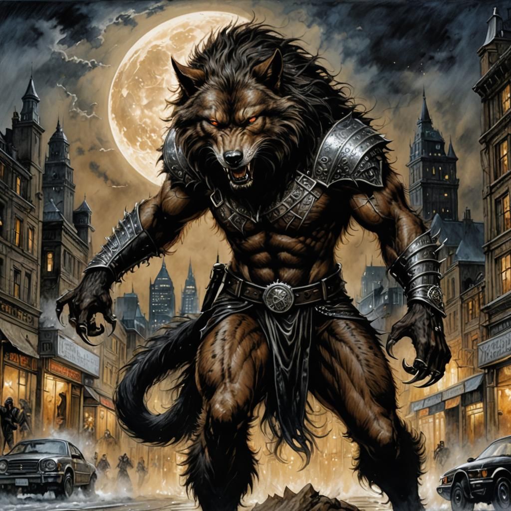 Ferrous Werewolf Ready to Attack on City Street