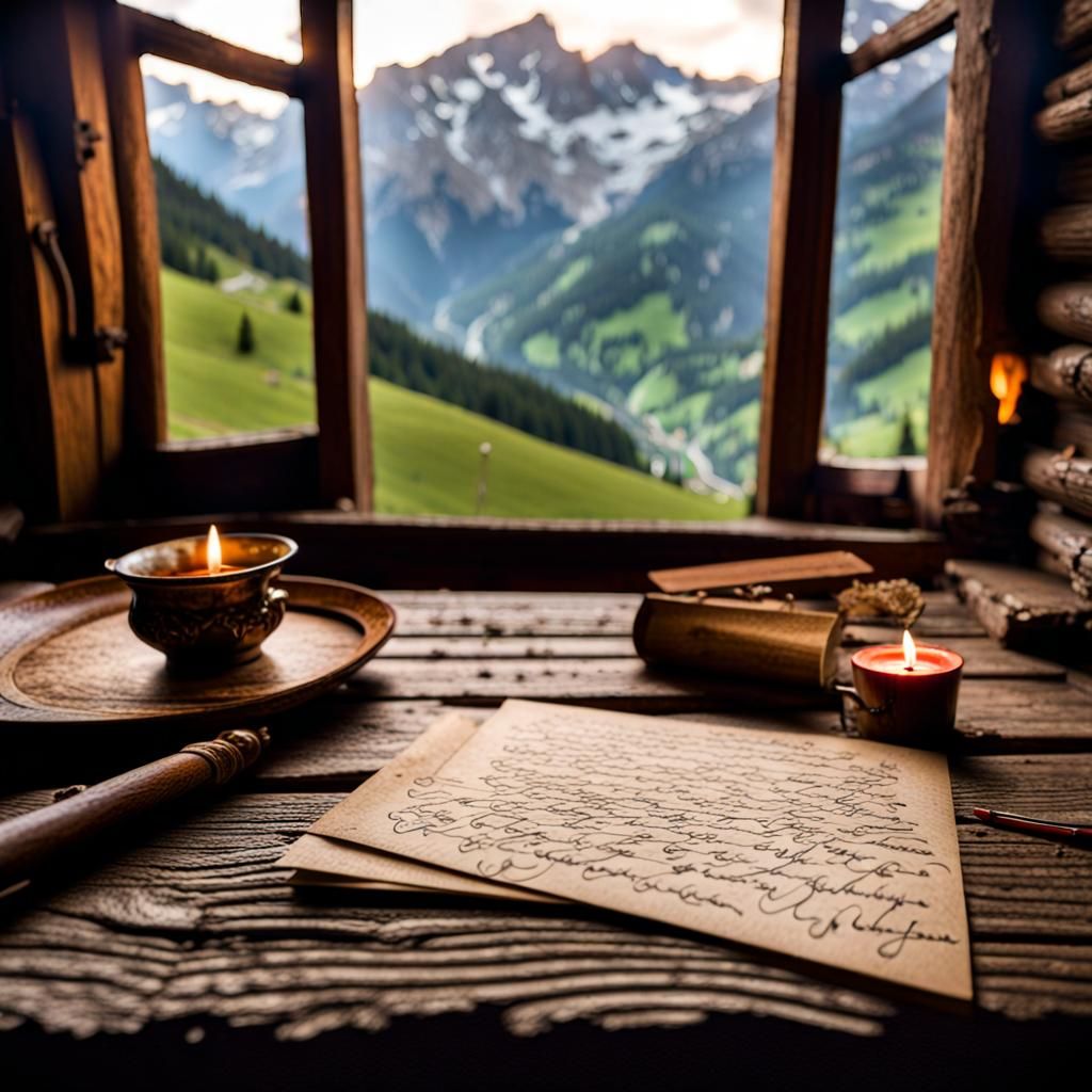 Postcard on Oak Table in Swiss Alps Cabin