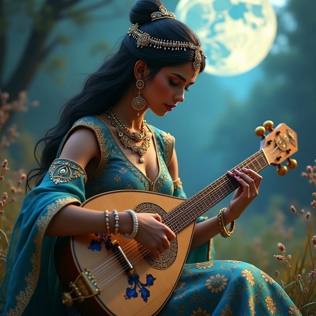 Indian Princess in Moonlit Garden, Fantasy Concept Art