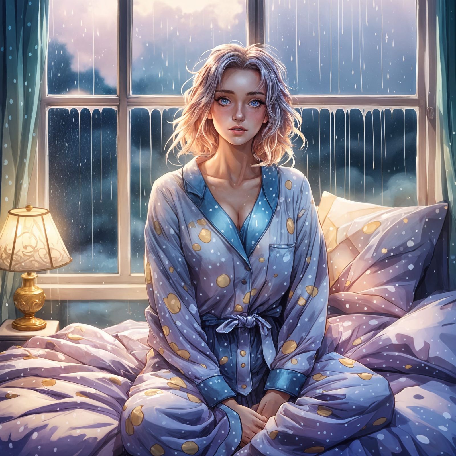 Anime Woman Relaxing in Bed on Rainy Day