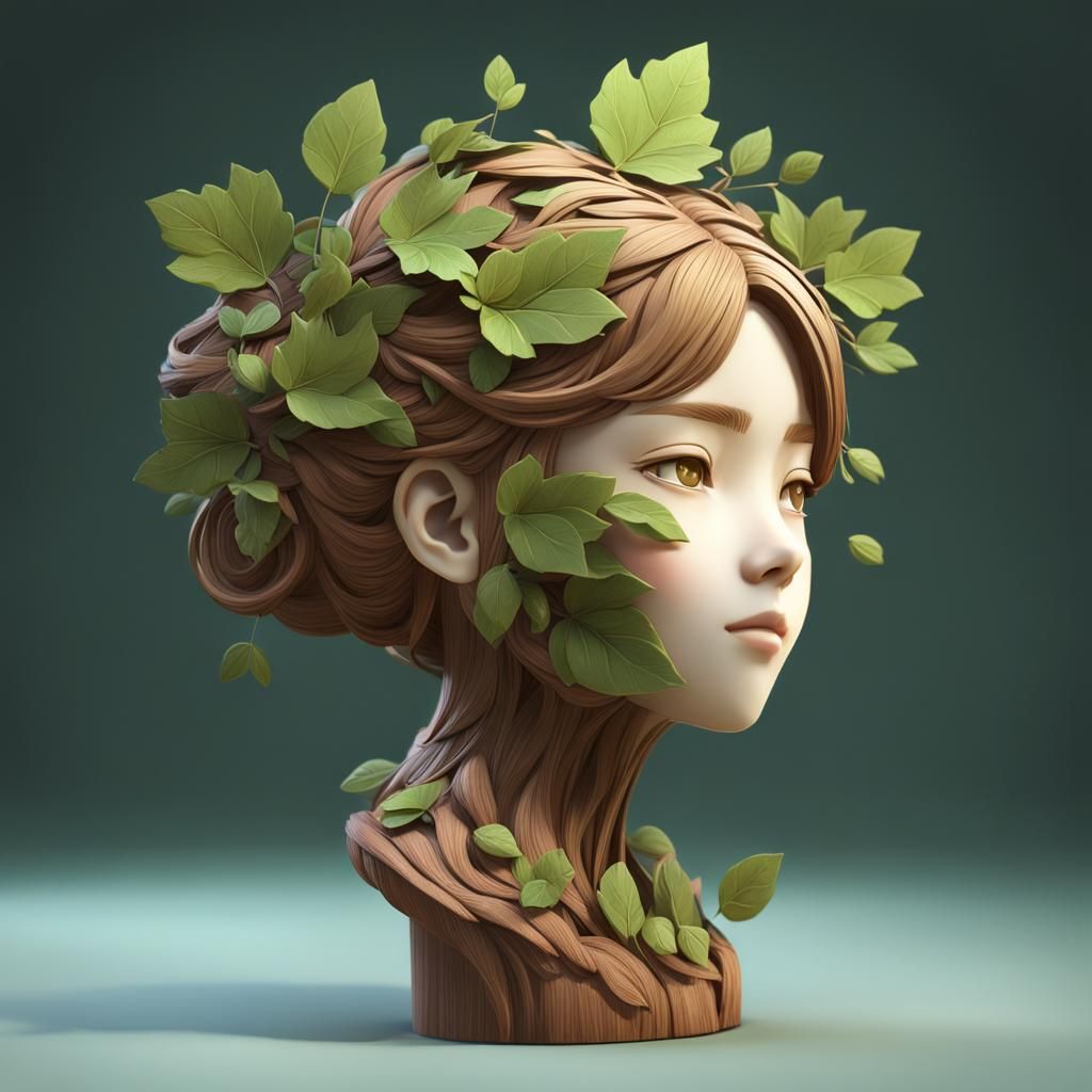 Wooden Woman Bust with Leaf Hair in 3D Anime Style