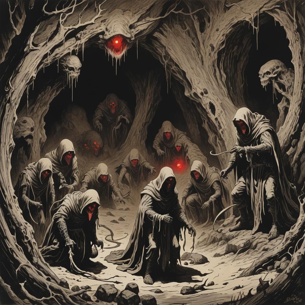 Sinister Slithering Monster in Sepia Woodcut Style