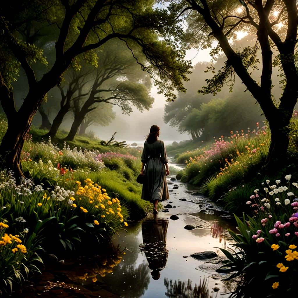 The woman walks along the banks of a stream