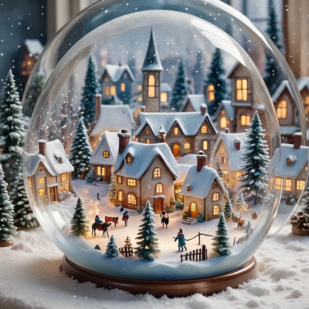 Snow Globe Village in Watercolor Style