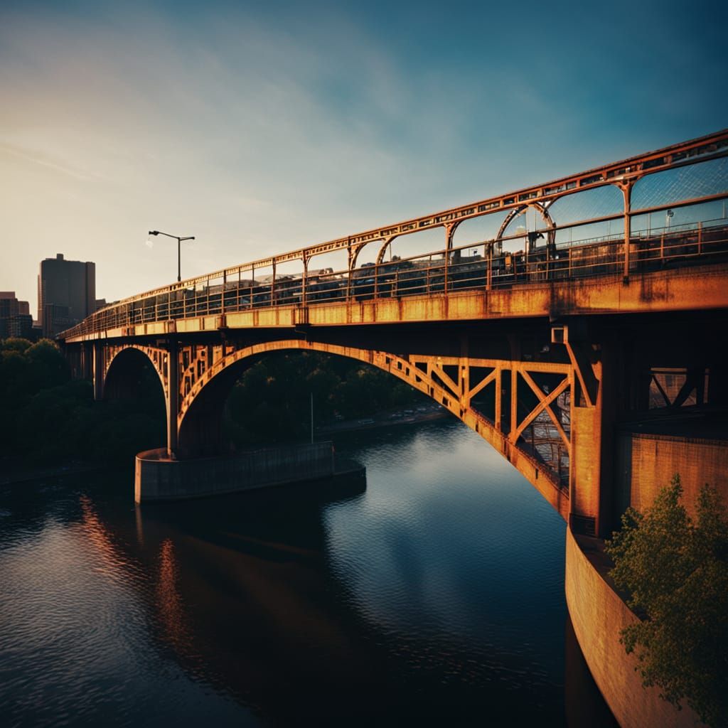 Urban Bridge Over River: Cinematic Film Still