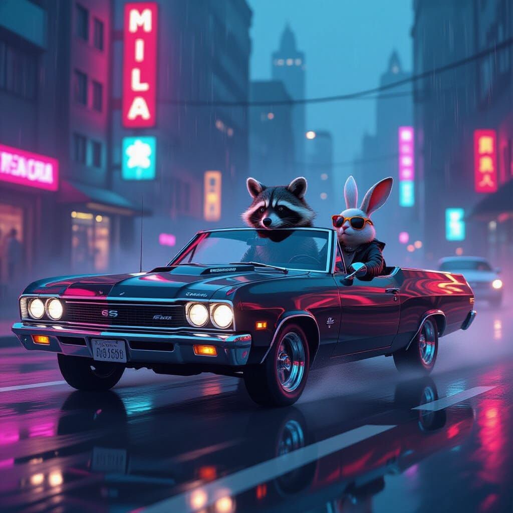 Cyberpunk Raccoon Drives Chrome El Camino