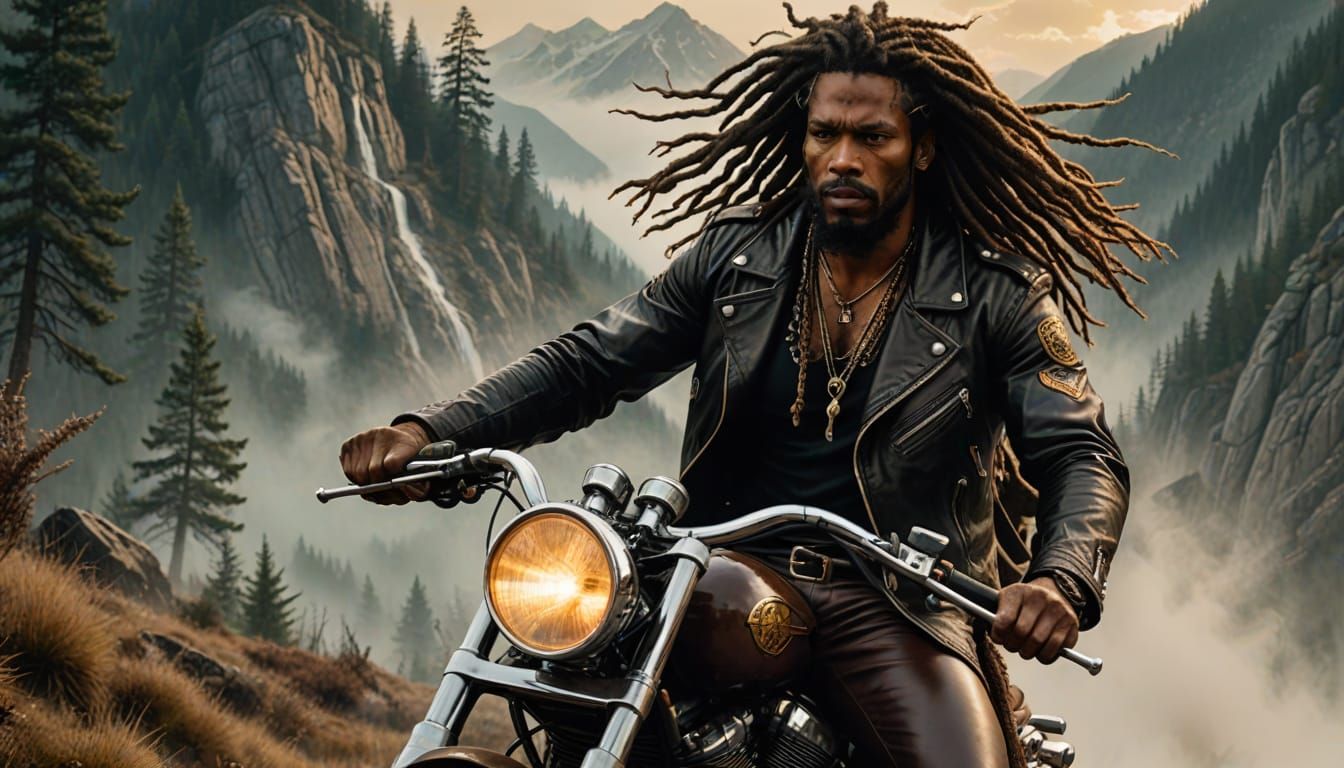 Biker on Misty Mountains: Dark Fantasy Art