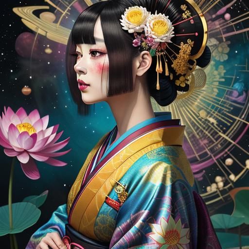 Geisha in Mirrored Reflection, Candy Art Style