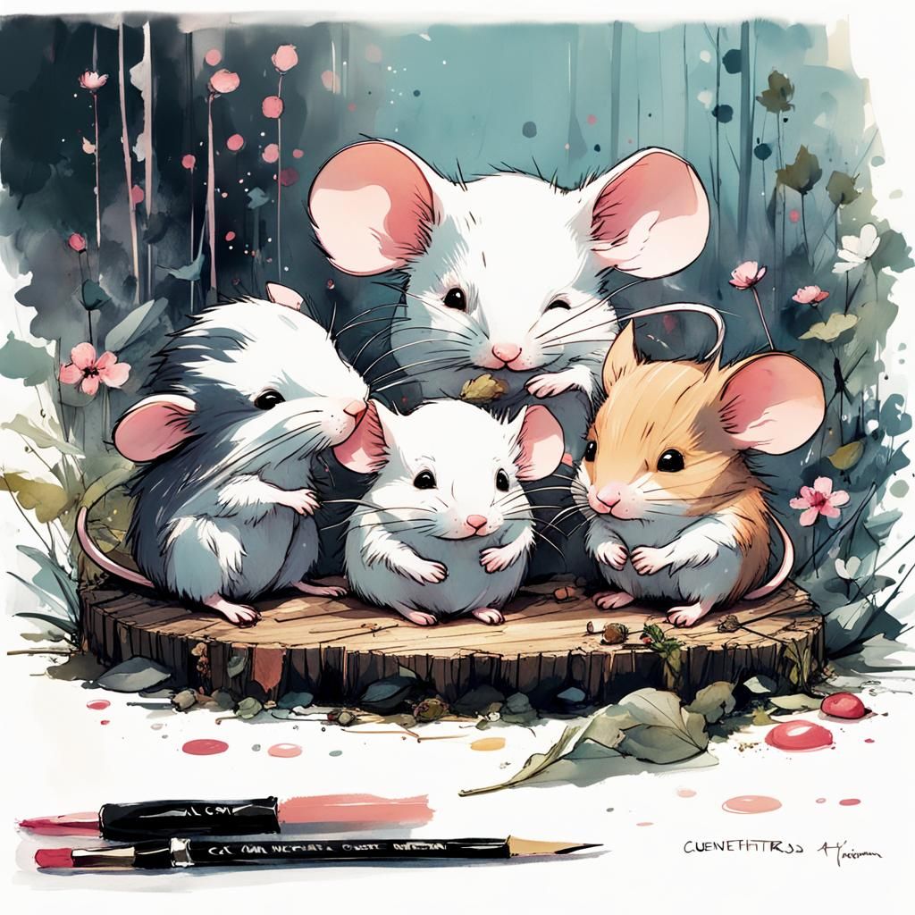 Cute Chibi Mice Tell a Bedtime Story in Watercolor