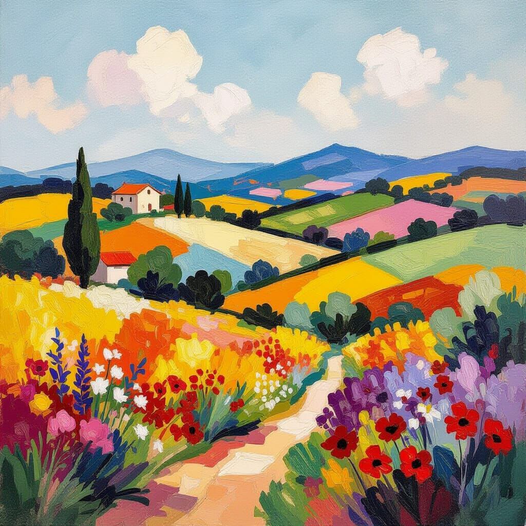 Cubist Landscape with Gouache Brush Strokes