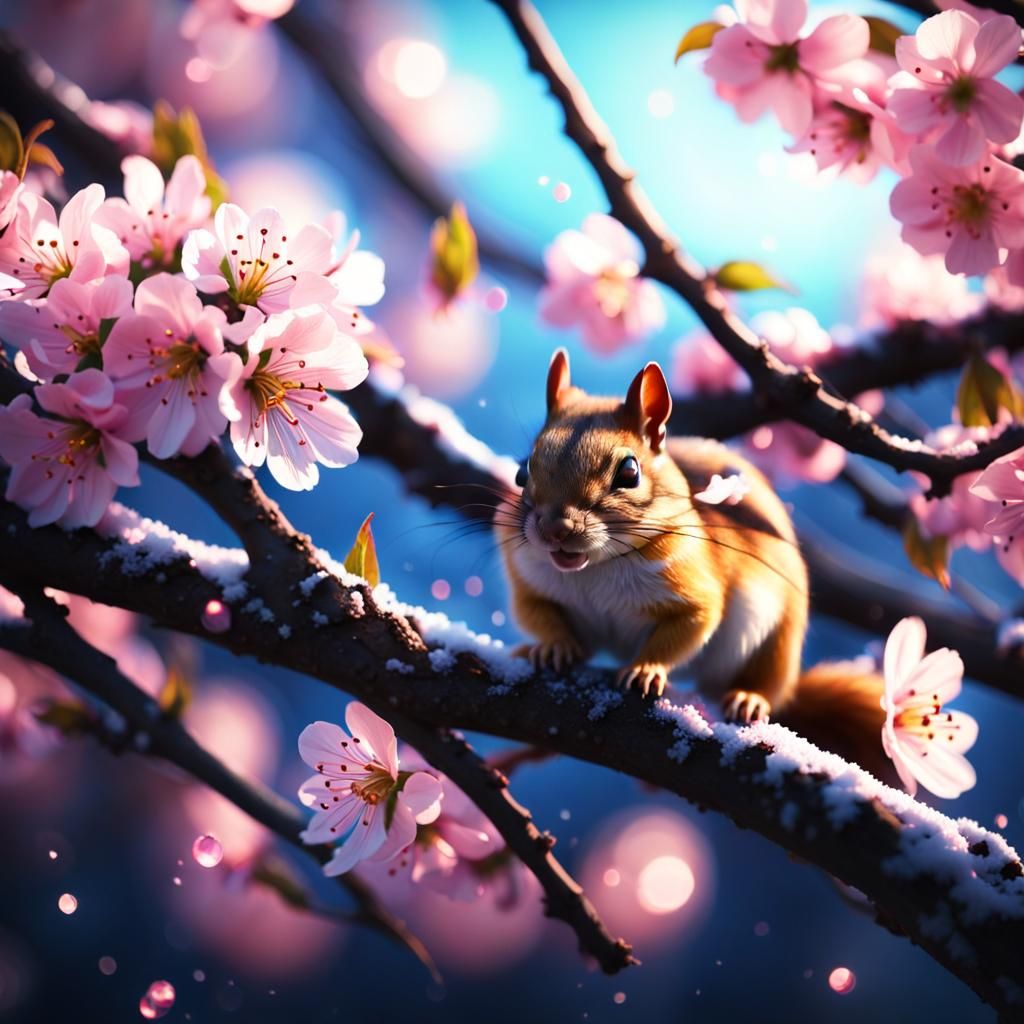 Cherry Blossom and Chipmunk at Night in 3D