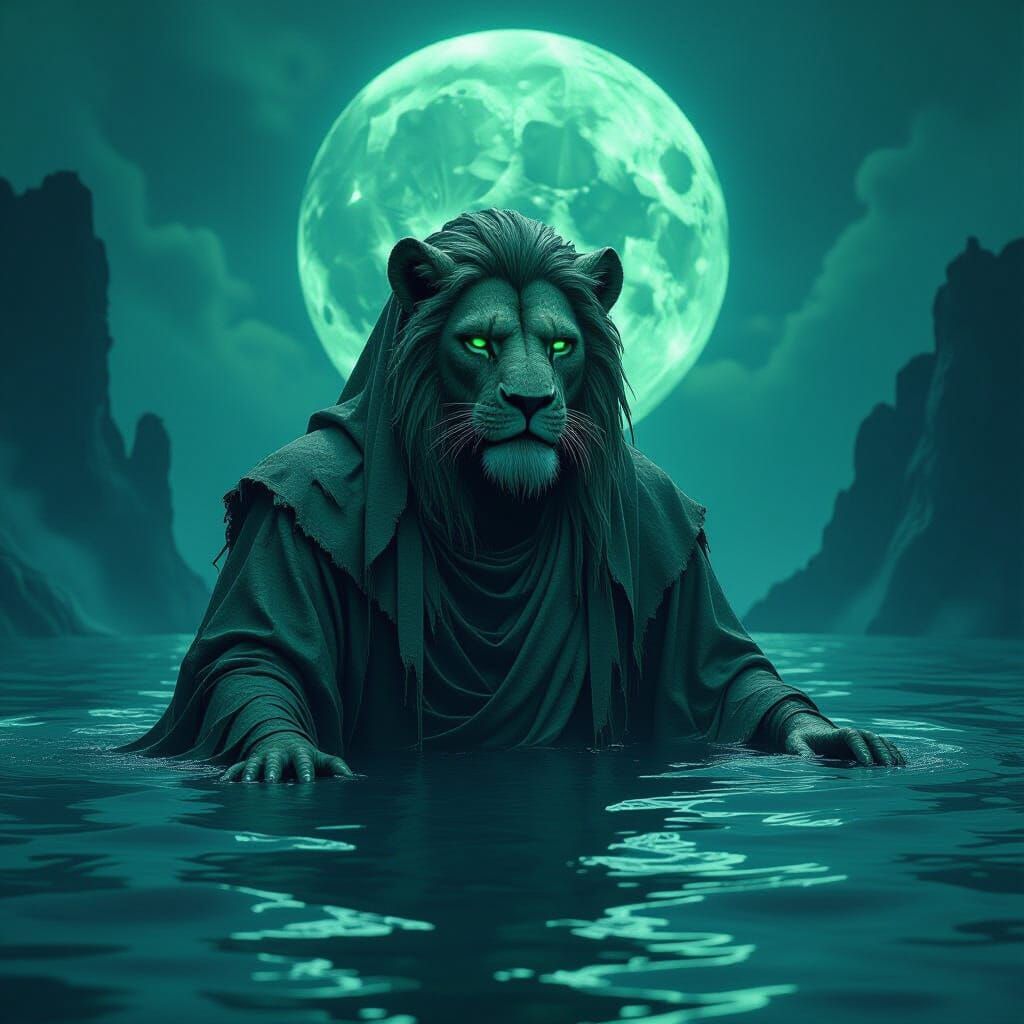 Bioluminescent Lion Cthulhu in Submerged, Otherworldly Horro...