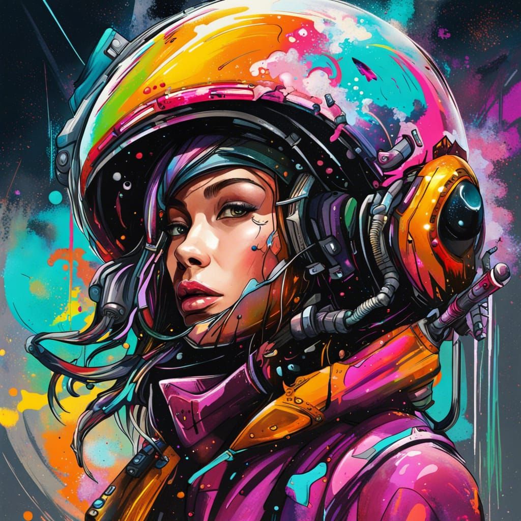 Woman Boarding Spaceship in Graffiti Street Art Style
