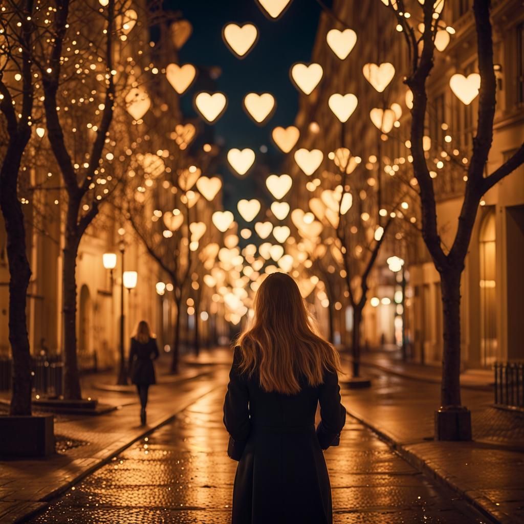 Enchanted City at Night with Heart-Shaped Lights