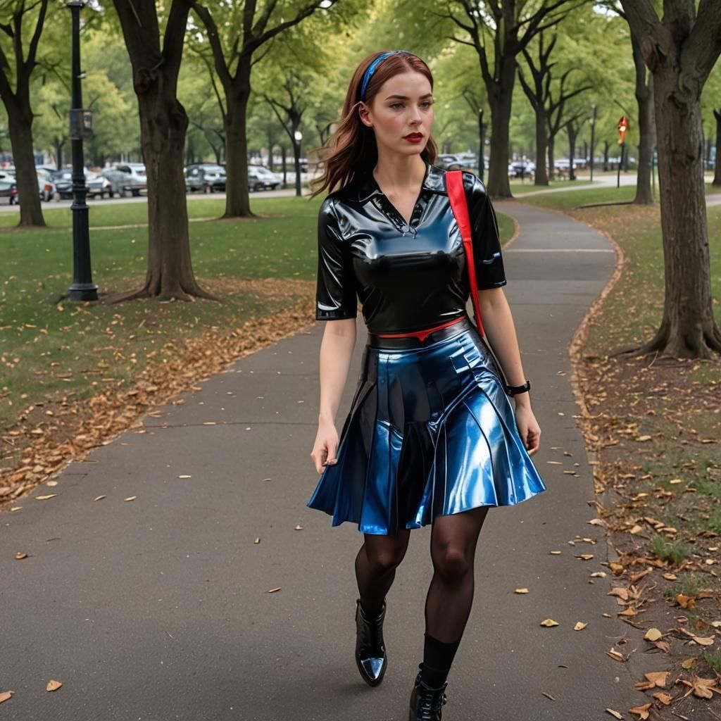 Woman in Glossy Latex Outfit Walking in Park