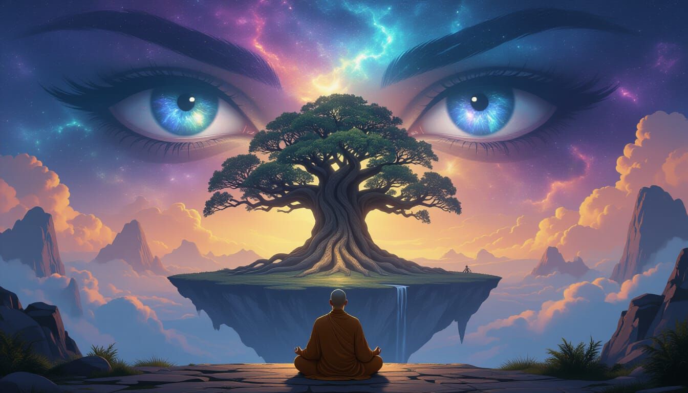 Serene Monk Meditating on Floating Island with Cosmic Eyes