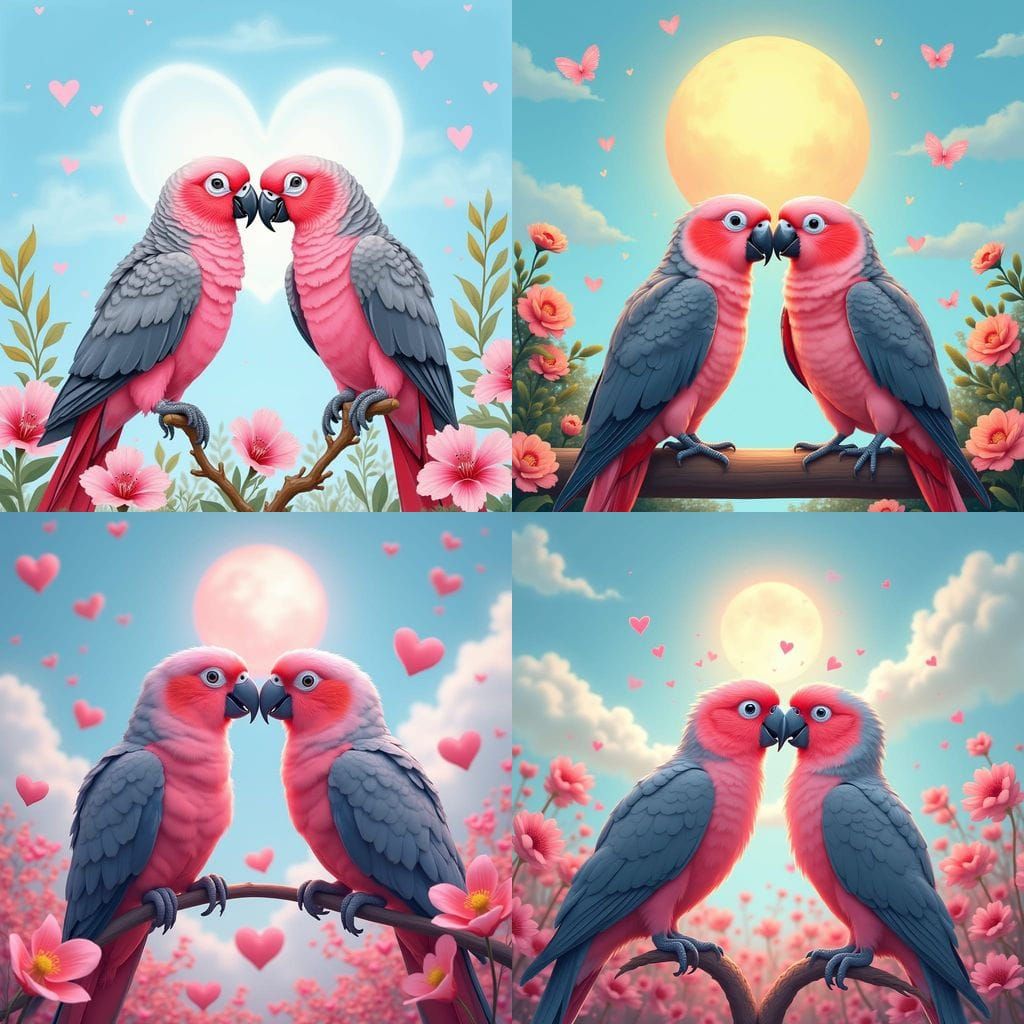 Vibrant Parrots Share a Romantic Moment in a Floral Street P...