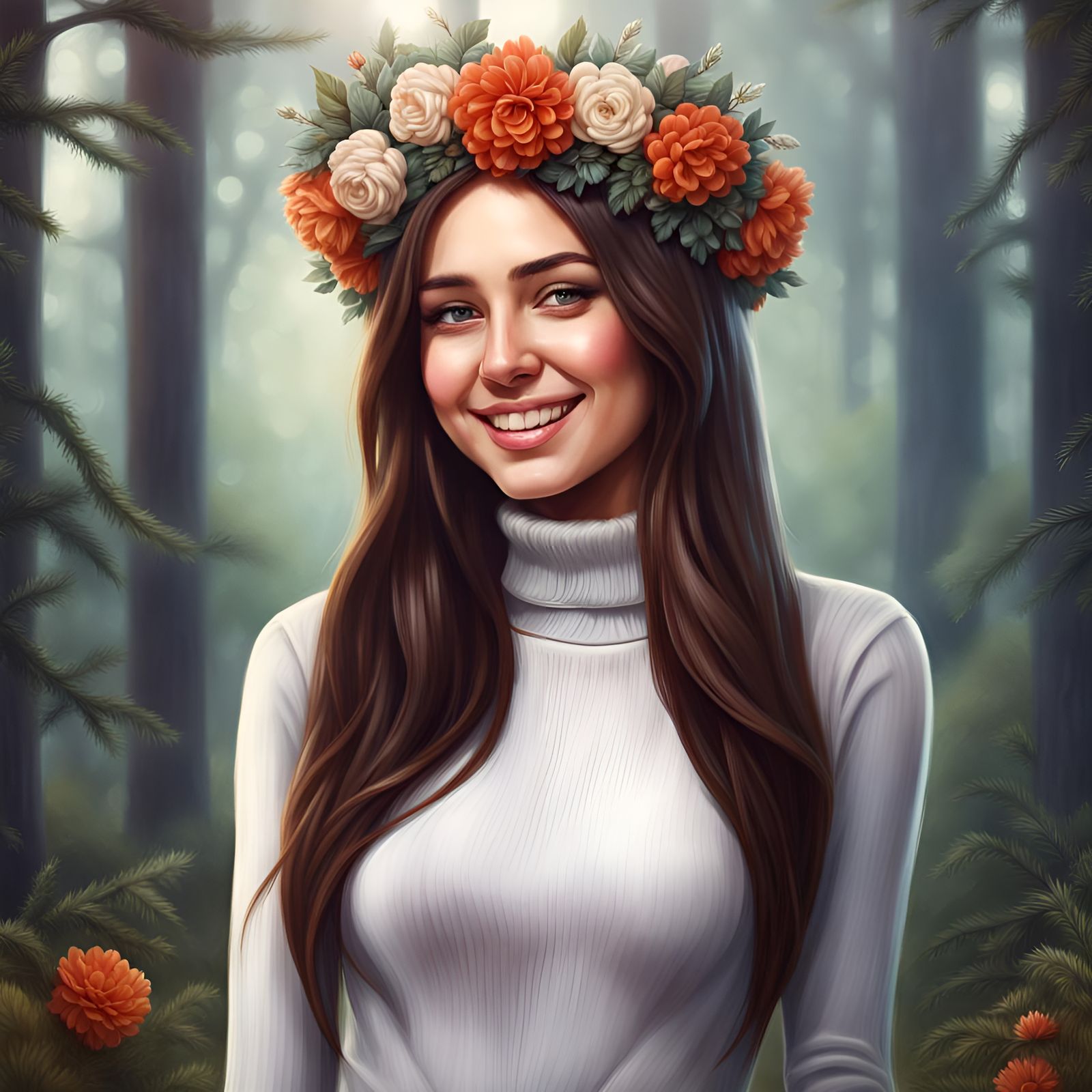 Brunette Girl with Flower Wreath in Forest