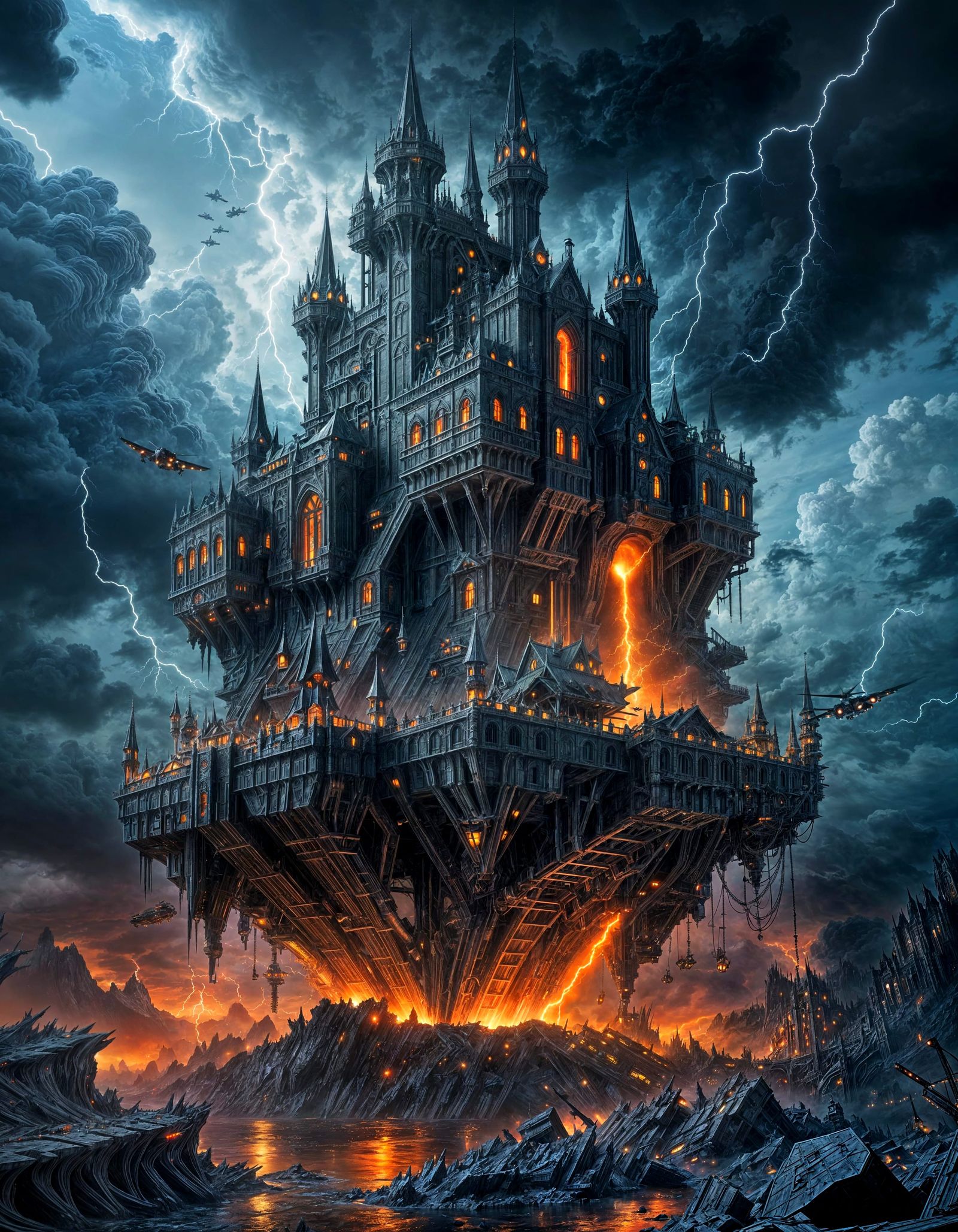 Dystopian Super Villain Lair Theme Park Above Stormy Clouds