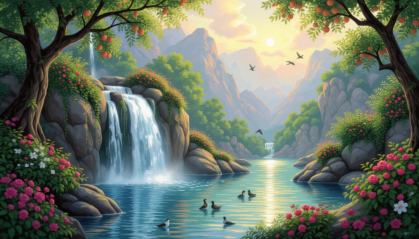 Serene Paradise with Cascading Water and Exotic Flora