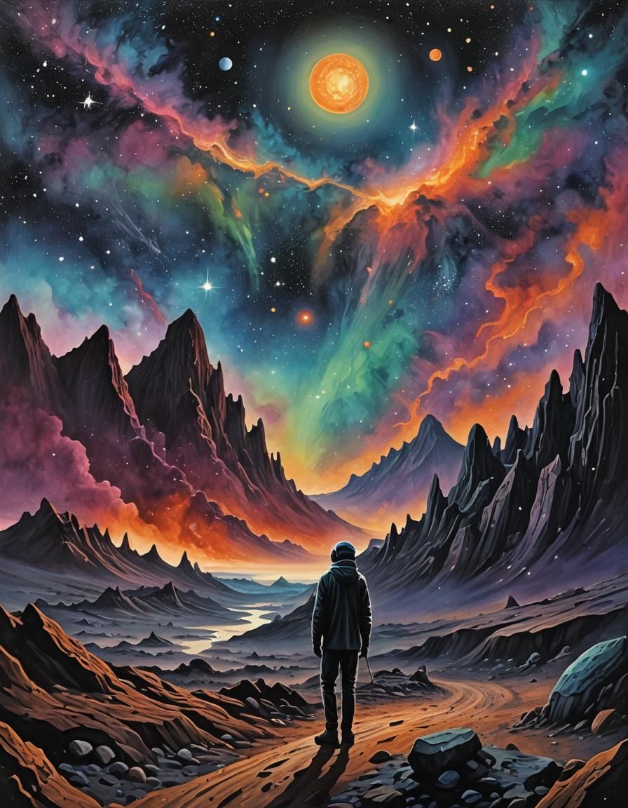 Betelgeuse Alien in Abstract Gouache Landscape