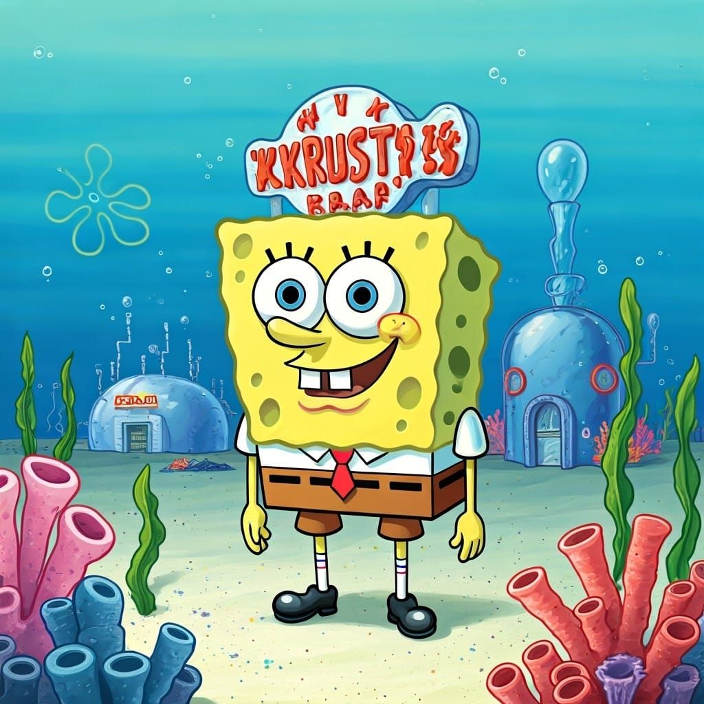 Whimsical Cartoon SpongeBob SquarePants in Front of the Krus...