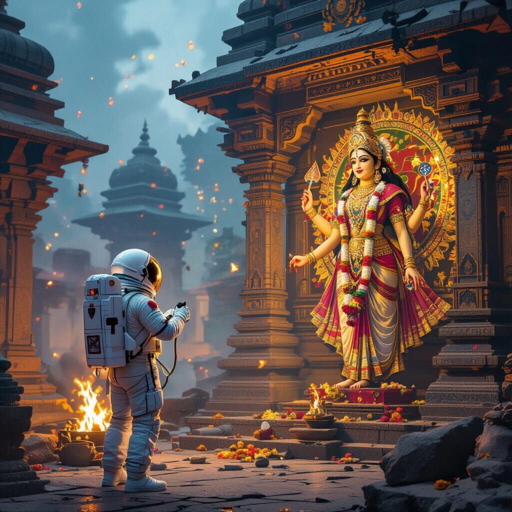 Astronaut in Ancient Ruins During Durga Puja Celebration
