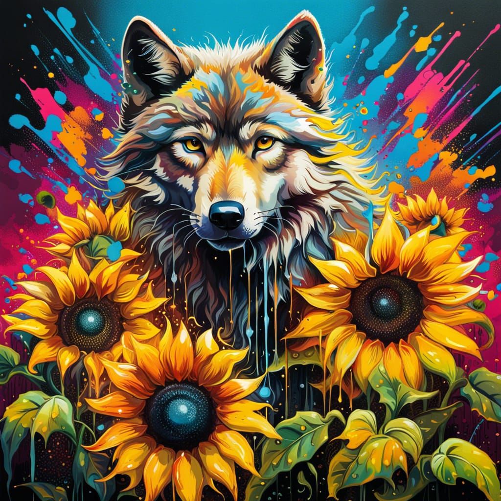 Colorful Baby Wolf and Sunflowers Graffiti Art