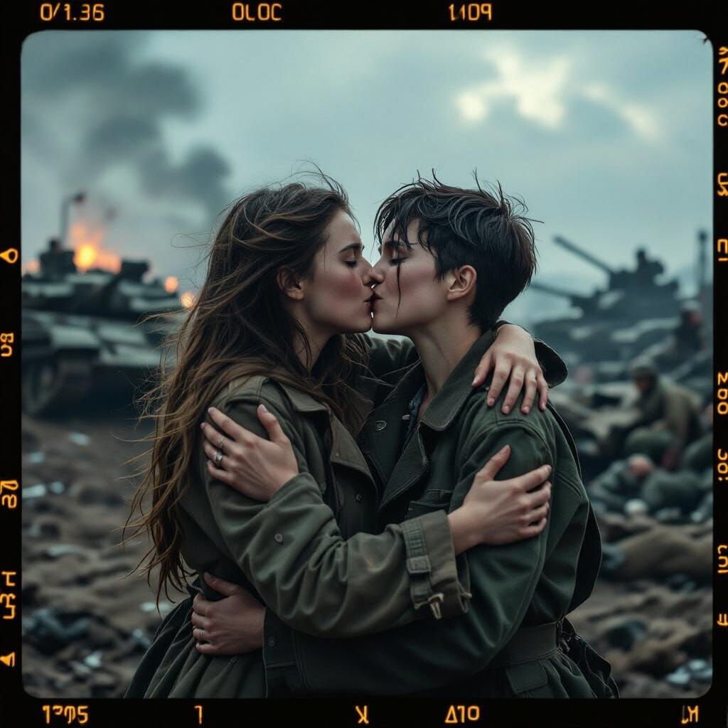 Passionate Kiss on Battlefield, Cinematic Film Still