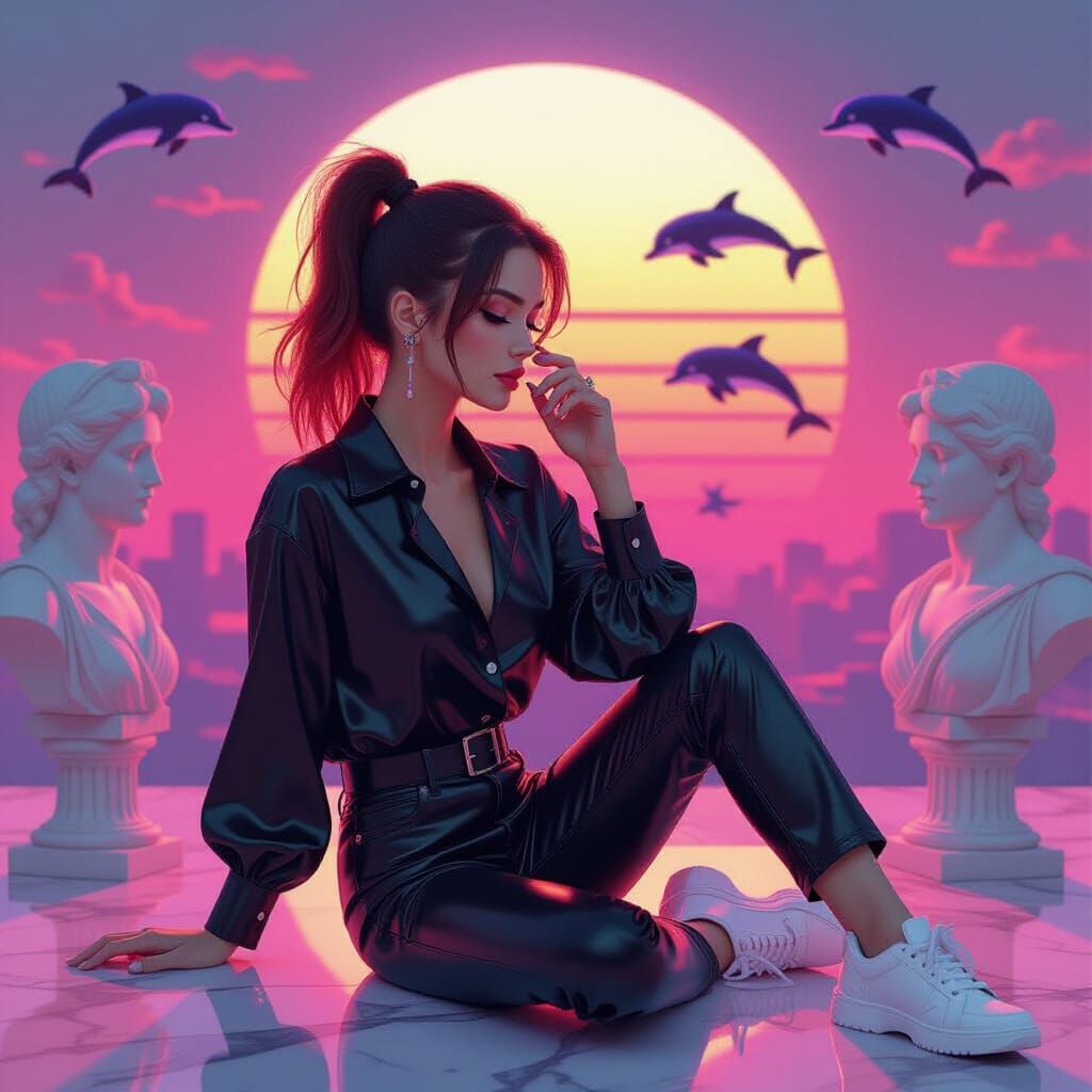 Woman in Vaporwave Style with Greek Busts and Pixel Dolphins