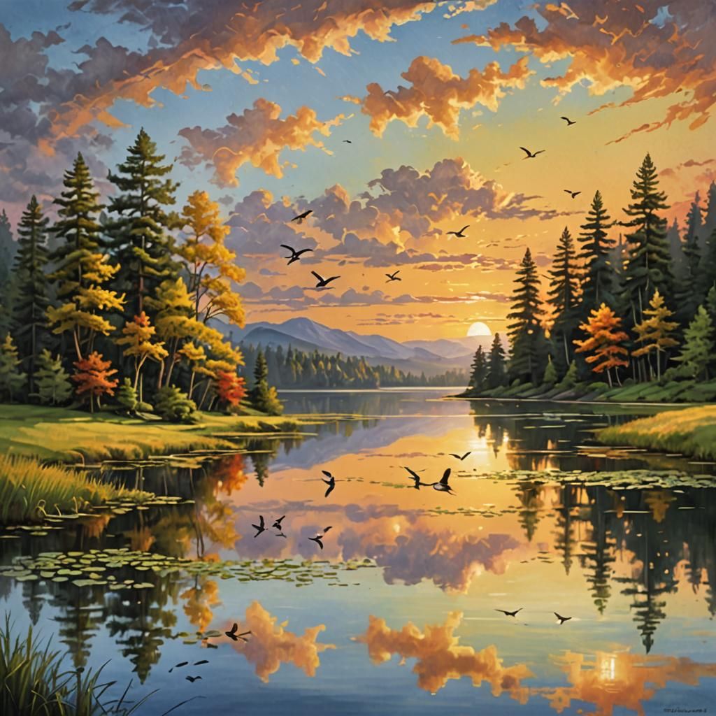 Golden Sunset Over Lake: Impressionist Landscape