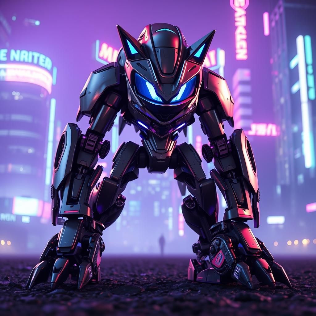 Imposing Metal Robot in Dystopian Cityscape
