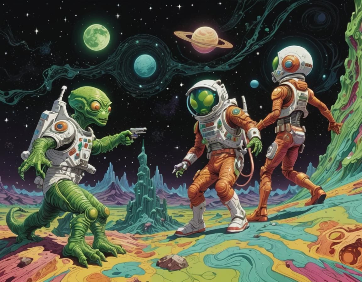 Green Alien Monster on Lunar Landscape in Comic Art