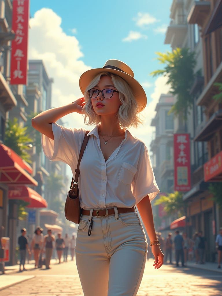 Asian Woman Walking in City, Matte Painting Style