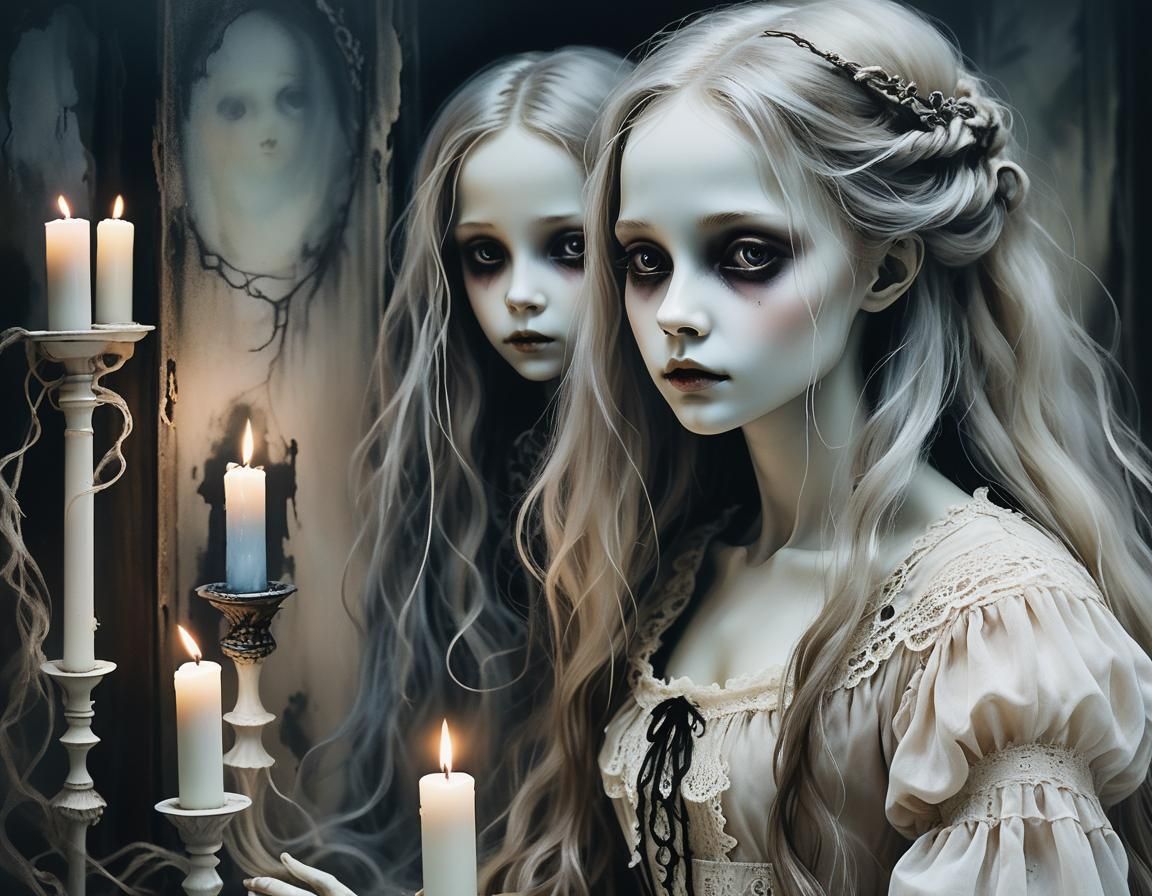 Ethereal Ghostly Woman in Dark Fantasy Ink Art