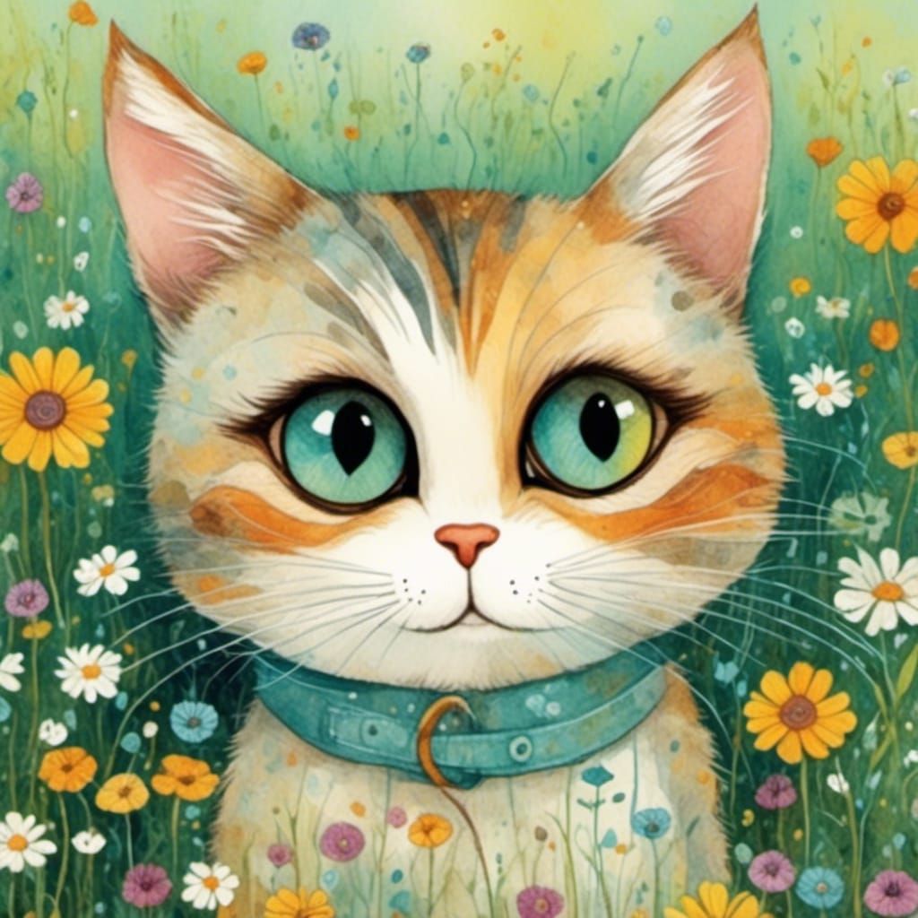 Whimsical Cat with Bright Eyes in Spring Meadow