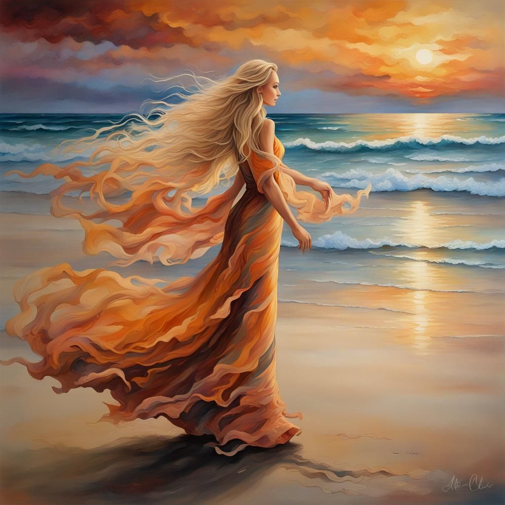 Woman Strolling on Beach at Sunset: Fantasy Art