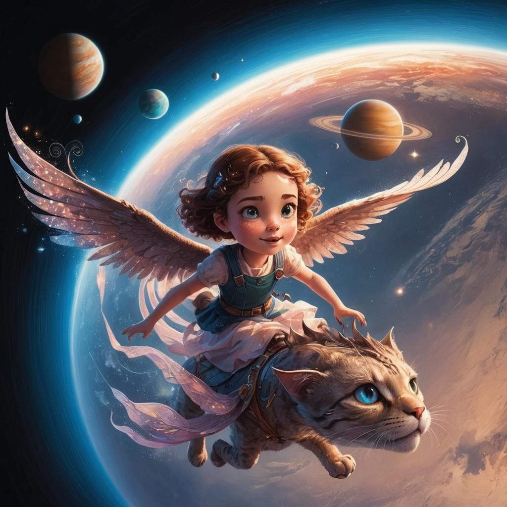 Girl and Cat Fly Through Space Cartoon