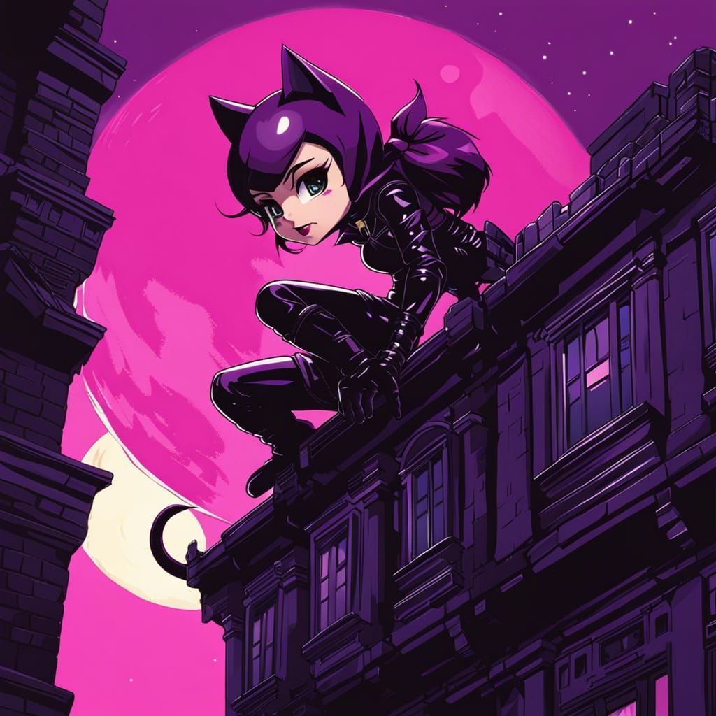 Chibi Catwoman Climbing Building Under Magenta Moon