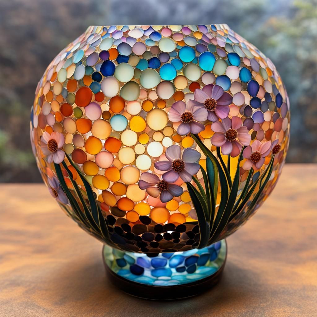 Pastel Wildflowes in a small round mosaic glass vase  with a...